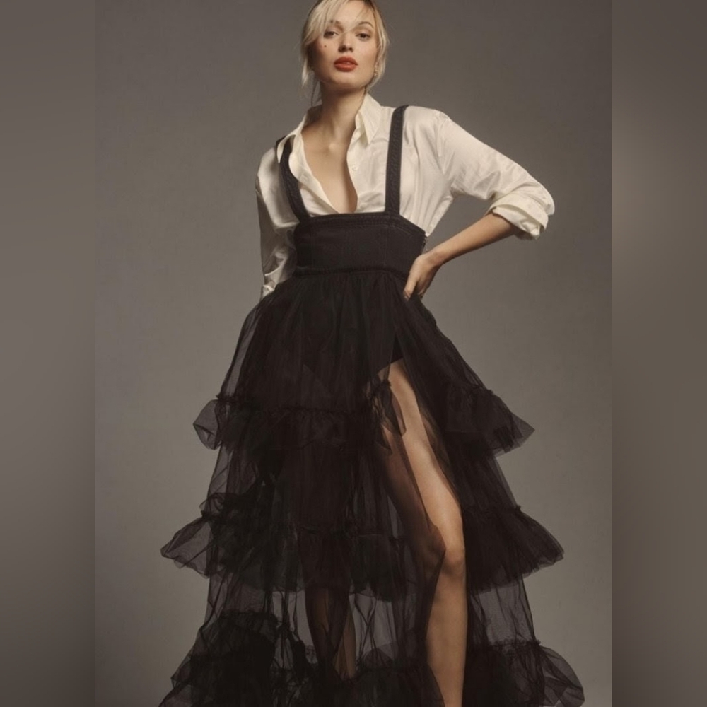 Pilcro Ruffled Denim Tulle Maxi Dress.